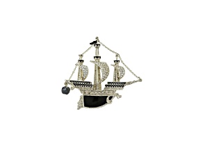 1928 Jewelry Silver Tone Black Enamel and Crystal Galleon Ship Pin/Brooch