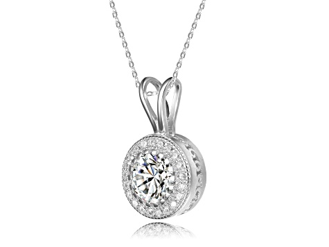 Clear Cubic Zirconia, Rhodium Plated Over Brass Pendant Necklace