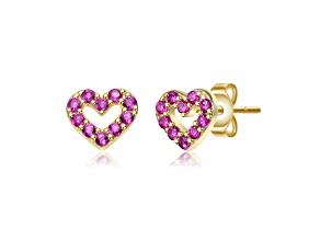 Ruby Red Cubic Zirconia, Sterling Silver 14K Gold Plated Paved Heart Stud Earrings for Kids