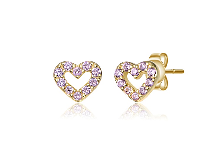 Pink Cubic Zirconia, Sterling Silver 14K Gold Plated Paved Heart Stud Earrings for Kids