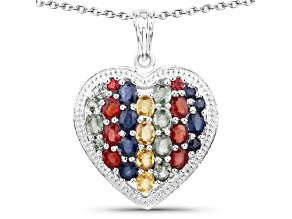 Multi Color Sapphire Rhodium Over Sterling Silver Heart Cluster Necklace 4.4ctw