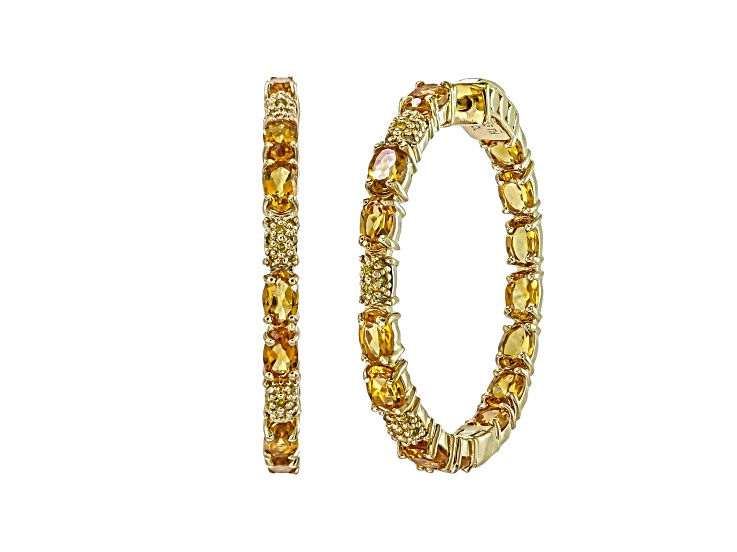 Oval Citrine and Round Yellow Diamond 14K Yellow Gold Over Sterling Silver Hoop Earring 6.35Cttw