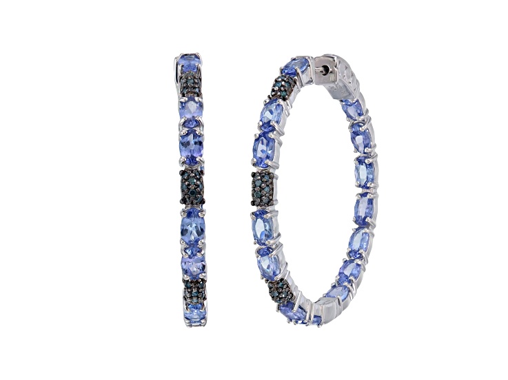 Oval Tanzanite and Round Blue Diamond Rhodium Over Sterling Silver Hoop Earring 6.35Cttw