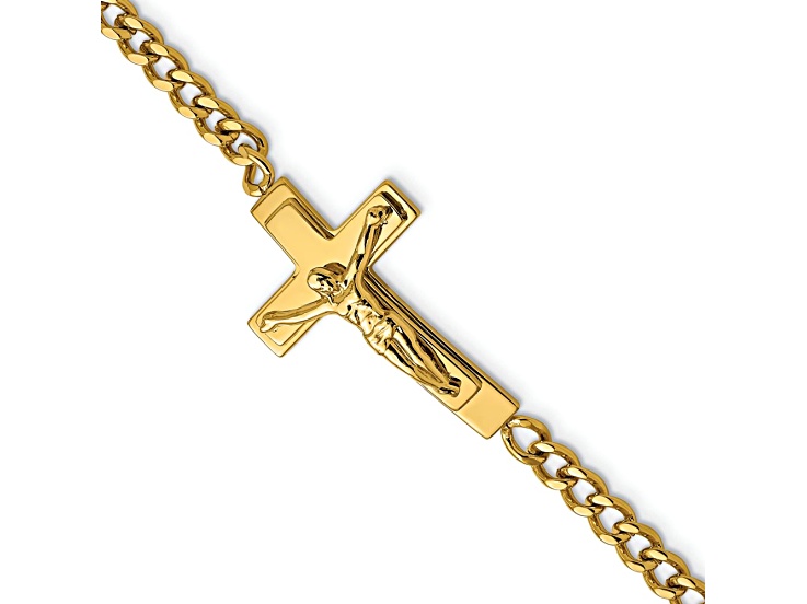 Stainless Steel Polished Yellow IP-plated Crucifix Bracelet