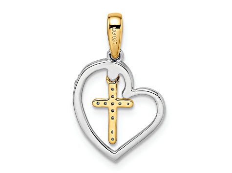 14K Yellow and White Gold Heart with Cross Diamond Pendant