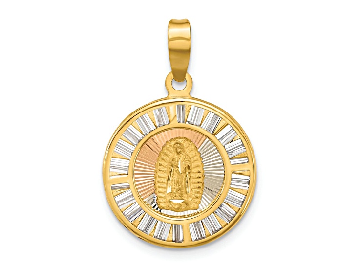 14k Tri-Color Gold CZ Baguettes Brushed/Diamond-Cut Round Mary pendant
