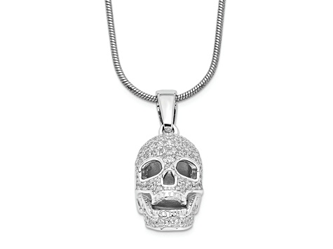 Rhodium Over Sterling Silver Cubic Zirconia Polished Skull Necklace