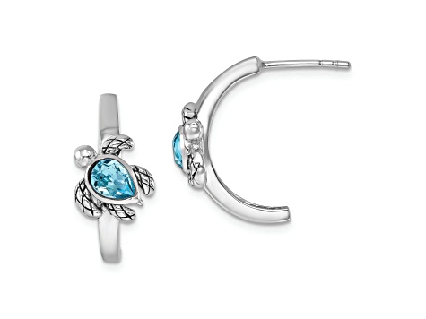 Rhodium Over Sterling Silver Crystal Turtle J-Hoop Earrings