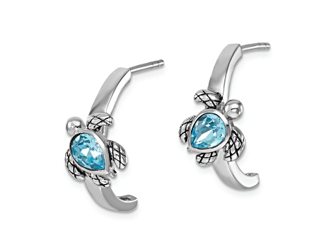 Rhodium Over Sterling Silver Crystal Turtle J-Hoop Earrings