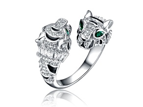 Emerald Green Cubic Zirconia, Rhodium Plated over Brass Panther Bypass Ring