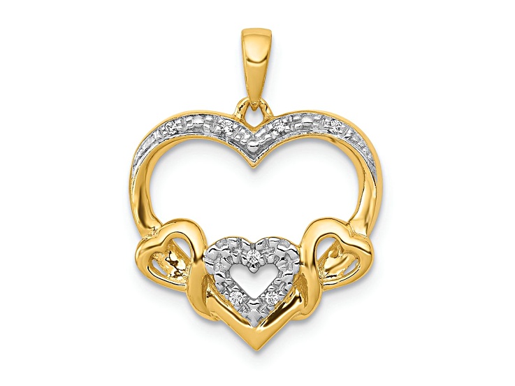 14K Yellow Gold.03ctw Diamond and Rhodium Heart with 3 Smaller Hearts Pendant