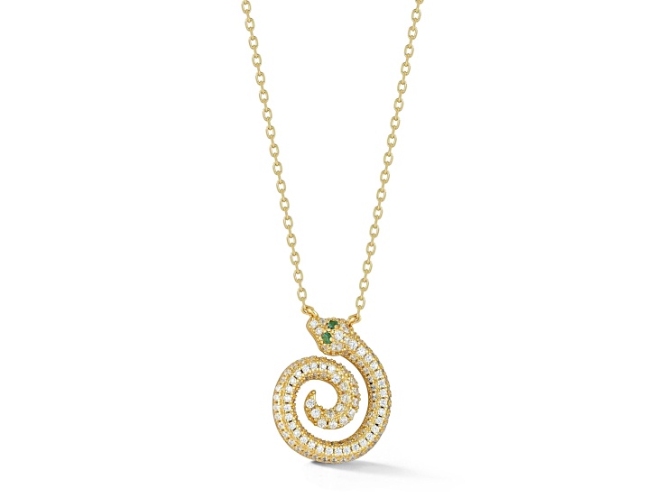 Sterling Statements 14K Yellow Gold Over Sterling Silver Green and White Pave Snake Pendant Necklace