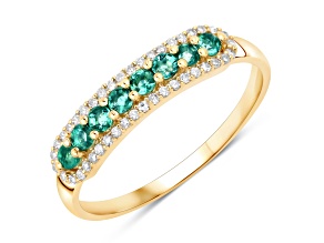 Zambian Emerald and White Diamond 14K Yellow Gold Anniversary Band Ring For Women