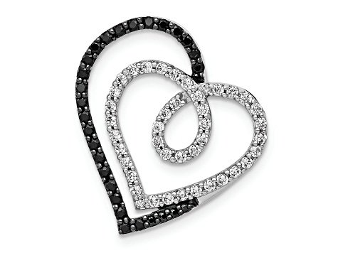 Rhodium Over 14k White Gold Black and White Diamond Entwined Heart Chain Slide Pendant