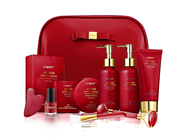 Lovery Luxury Japanese Cherry Blossom Bath and Body Beauty Kit with Faux Leather Bag- 11pc