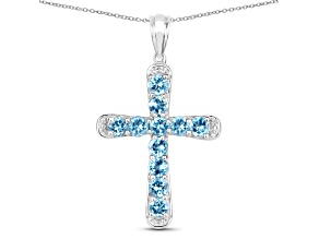 Blue Topaz Rhodium Over Sterling Silver Cross Pendant With Chain