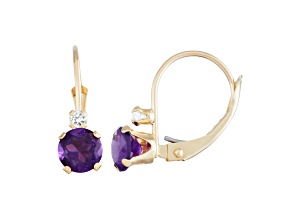 Round Amethyst and White Zircon 10K Yellow Gold Dangle Earrings 0.76ctw