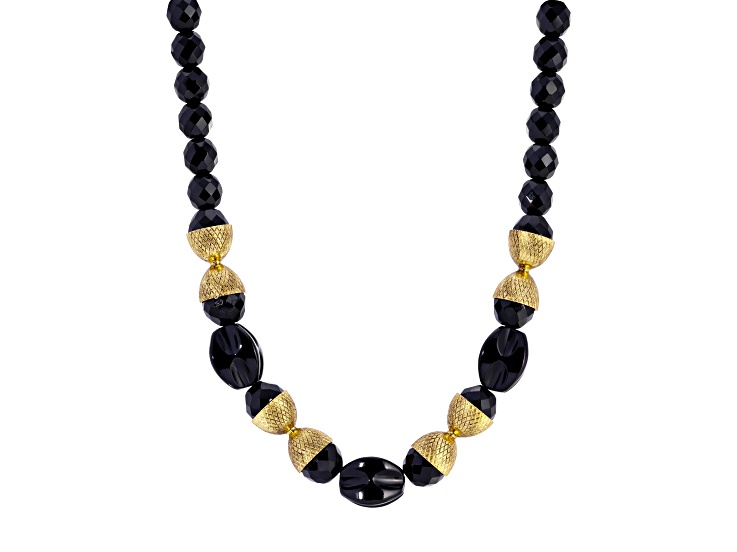 Yellow Base Metal With 14K Gold Dipped Black Acrylic Bead Necklace 16 inch Adj.