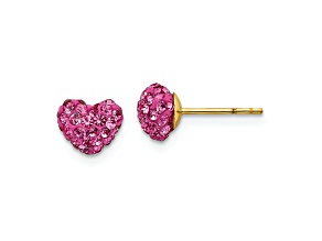 14K Yellow Gold 7mm Children's Pink Crystals Heart Stud Earrings