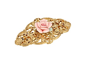 1928 Jewelry Gold Tone Porcelain Rose Hair Barrette