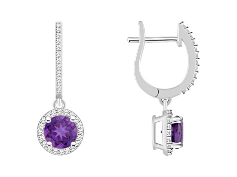 6mm Round Amethyst 1/3 ctw Diamond Rhodium Over Sterling Silver Halo Dangle Earrings