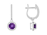 6mm Round Amethyst 1/3 ctw Diamond Rhodium Over Sterling Silver Halo Dangle Earrings