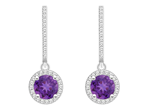 6mm Round Amethyst 1/3 ctw Diamond Rhodium Over Sterling Silver Halo Dangle Earrings