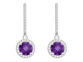 6mm Round Amethyst 1/3 ctw Diamond Rhodium Over Sterling Silver Halo Dangle Earrings