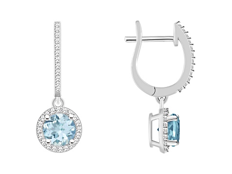 6mm Round Aquamarine 1/3 ctw Diamond Rhodium Over Sterling Silver Halo Dangle Earrings