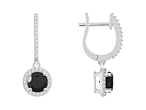 6mm Round Black Onyx 1/3 ctw Diamond Rhodium Over Sterling Silver Halo Dangle Earrings