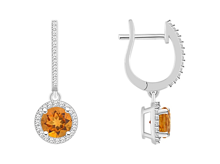 6mm Round Citrine 1/3 ctw Diamond Rhodium Over Sterling Silver Halo Dangle Earrings