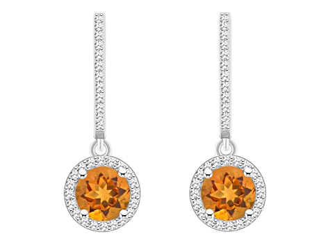 6mm Round Citrine 1/3 ctw Diamond Rhodium Over Sterling Silver Halo Dangle Earrings