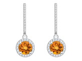 6mm Round Citrine 1/3 ctw Diamond Rhodium Over Sterling Silver Halo Dangle Earrings