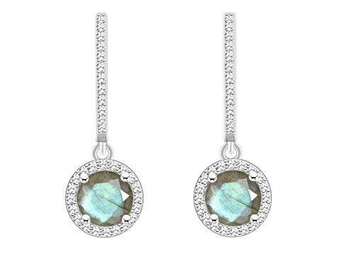 6mm Round Labradorite 1/3 ctw Diamond Rhodium Over Sterling Silver Halo Dangle Earrings