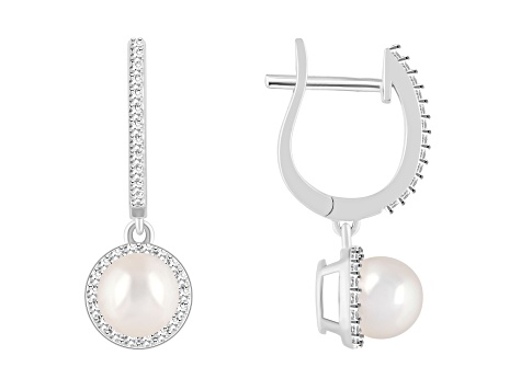 6mm Cultured Freshwater Pearl 1/3 ctw Diamond Rhodium Over Sterling Silver Halo Dangle Earrings