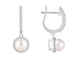 6mm Cultured Freshwater Pearl 1/3 ctw Diamond Rhodium Over Sterling Silver Halo Dangle Earrings