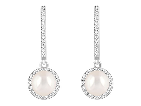 6mm Cultured Freshwater Pearl 1/3 ctw Diamond Rhodium Over Sterling Silver Halo Dangle Earrings