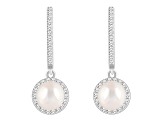 6mm Cultured Freshwater Pearl 1/3 ctw Diamond Rhodium Over Sterling Silver Halo Dangle Earrings