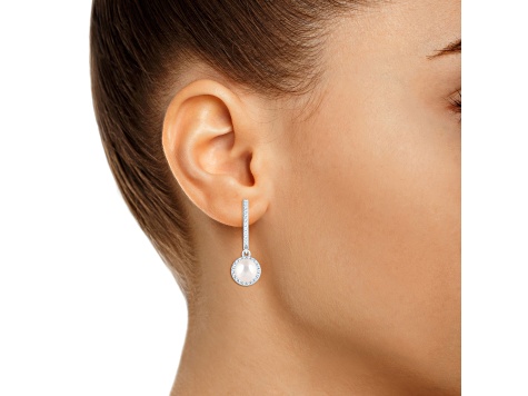 6mm Cultured Freshwater Pearl 1/3 ctw Diamond Rhodium Over Sterling Silver Halo Dangle Earrings