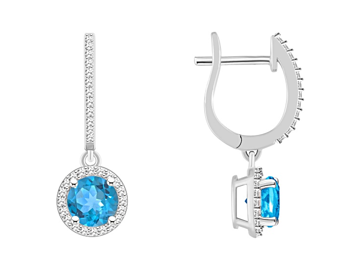 6mm Round Blue Topaz 1/3 ctw Diamond Rhodium Over Sterling Silver Halo Dangle Earrings