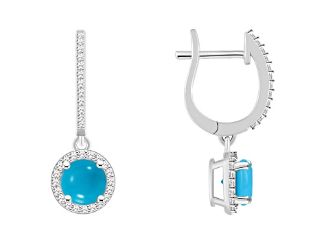 6mm Round Turquoise 1/3 ctw Diamond Rhodium Over Sterling Silver Halo Dangle Earrings