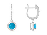 6mm Round Turquoise 1/3 ctw Diamond Rhodium Over Sterling Silver Halo Dangle Earrings