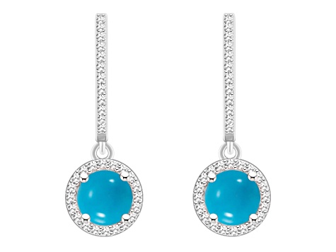 6mm Round Turquoise 1/3 ctw Diamond Rhodium Over Sterling Silver Halo Dangle Earrings