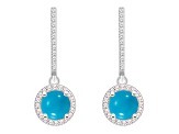 6mm Round Turquoise 1/3 ctw Diamond Rhodium Over Sterling Silver Halo Dangle Earrings