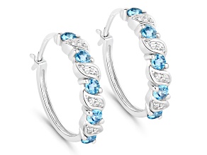Swiss Blue Topaz and White Topaz Rhodium Over Sterling Silver Hoop Earrings