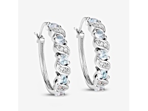 Blue Aquamarine and White Topaz Sterling Silver Hoop Earrings