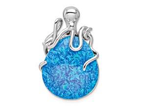 Rhodium Over Sterling Silver Blue Created Opal Octopus Chain Slide Pendant