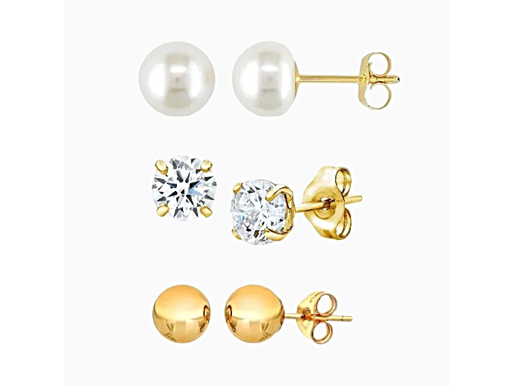 14K Yellow Gold 4-6mm 3 Pack Stud Earrings Set