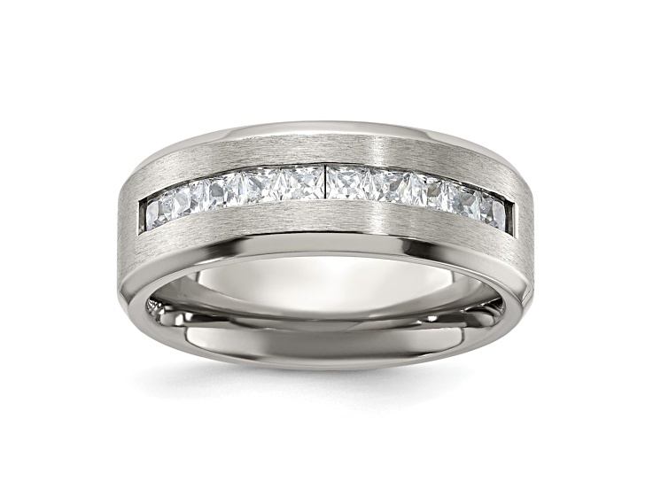 White Cubic Zirconia Titanium Men's 8mm Band Ring