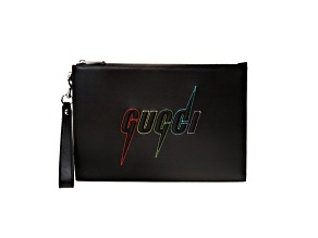 Gucci Blade Embroidered Black Leather Pouch Wristlet Bag